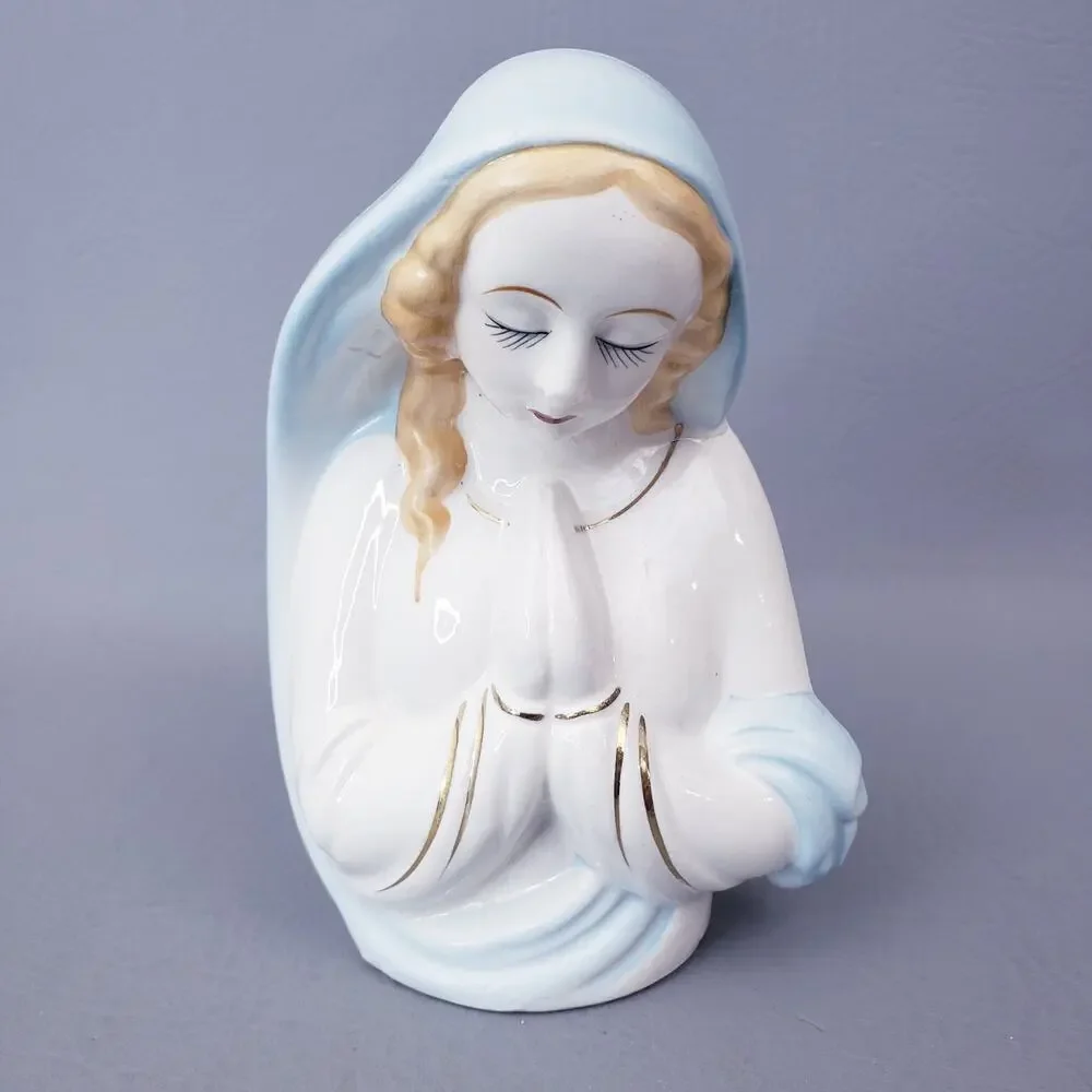 Vintage Virgin Mary Praying Madonna Ceramic Planter Vase Blue Veil Gold Accents